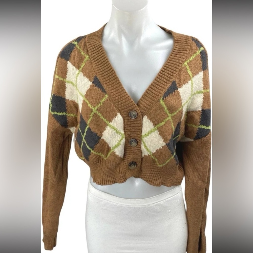 Garage Women's New P/S Brown Plaid Button Down V Neck Cropped Cardigan Sweater - Picture 10 of 10